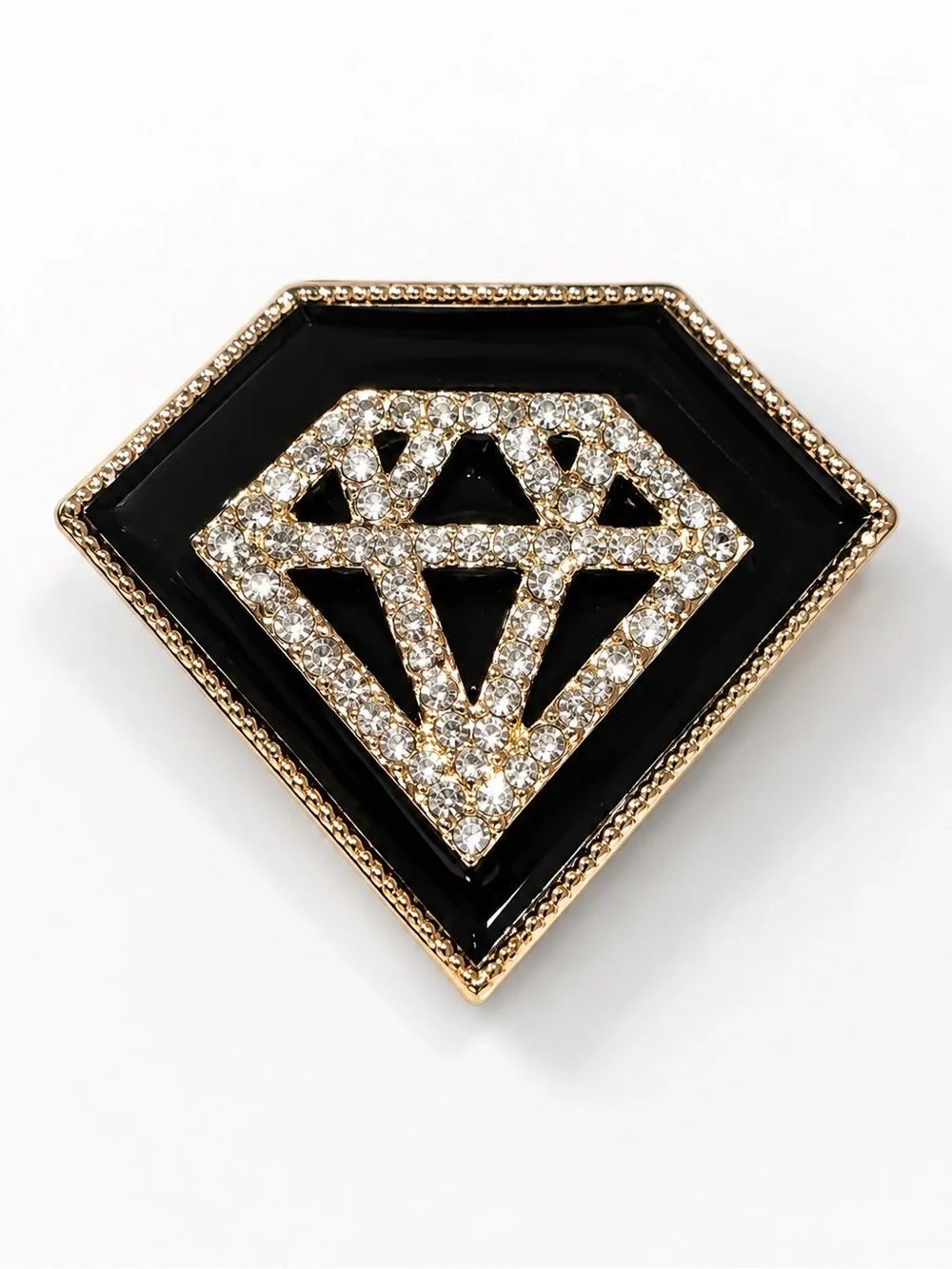 Black Enamel Rhinestone Diamond Brooch – Gold Tone Statement Pin Art Deco